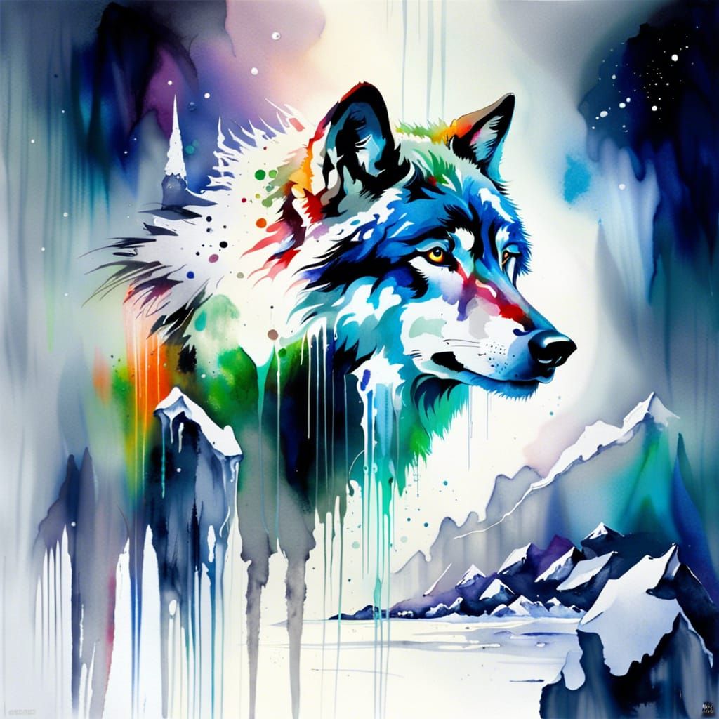Icy Wolf Illuminated by Northern Lights Watercolor