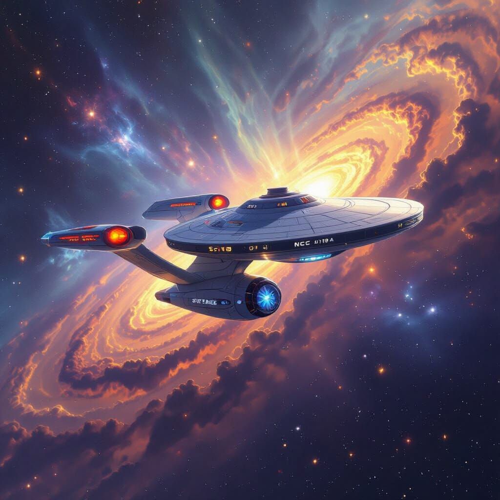 Starship Enterprise Soaring Through Cosmic Nebula