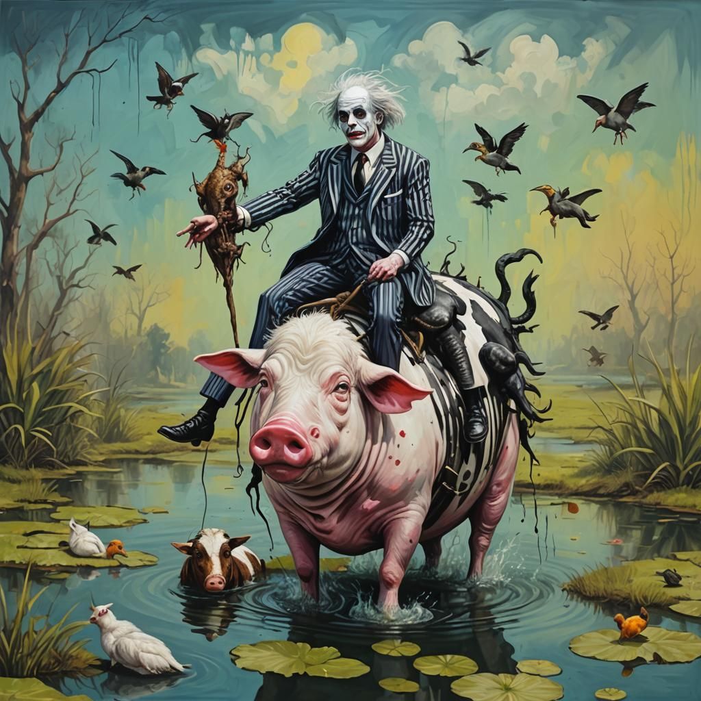 Surreal Beetlejuice Rides Pig-Goat-Cow in Abstract Art