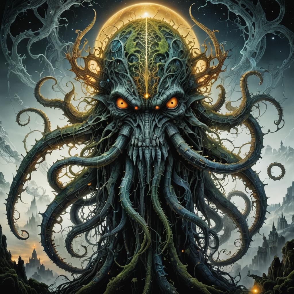 Bioluminescent Cthulhu Double Exposure in Dreamlike Underwat...