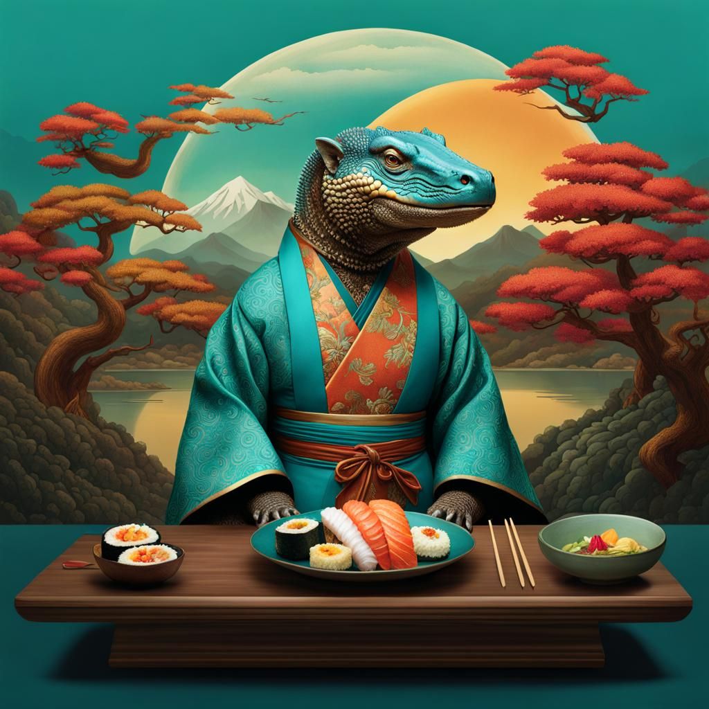 Komodo Dragon in Kimono Eating Sushi