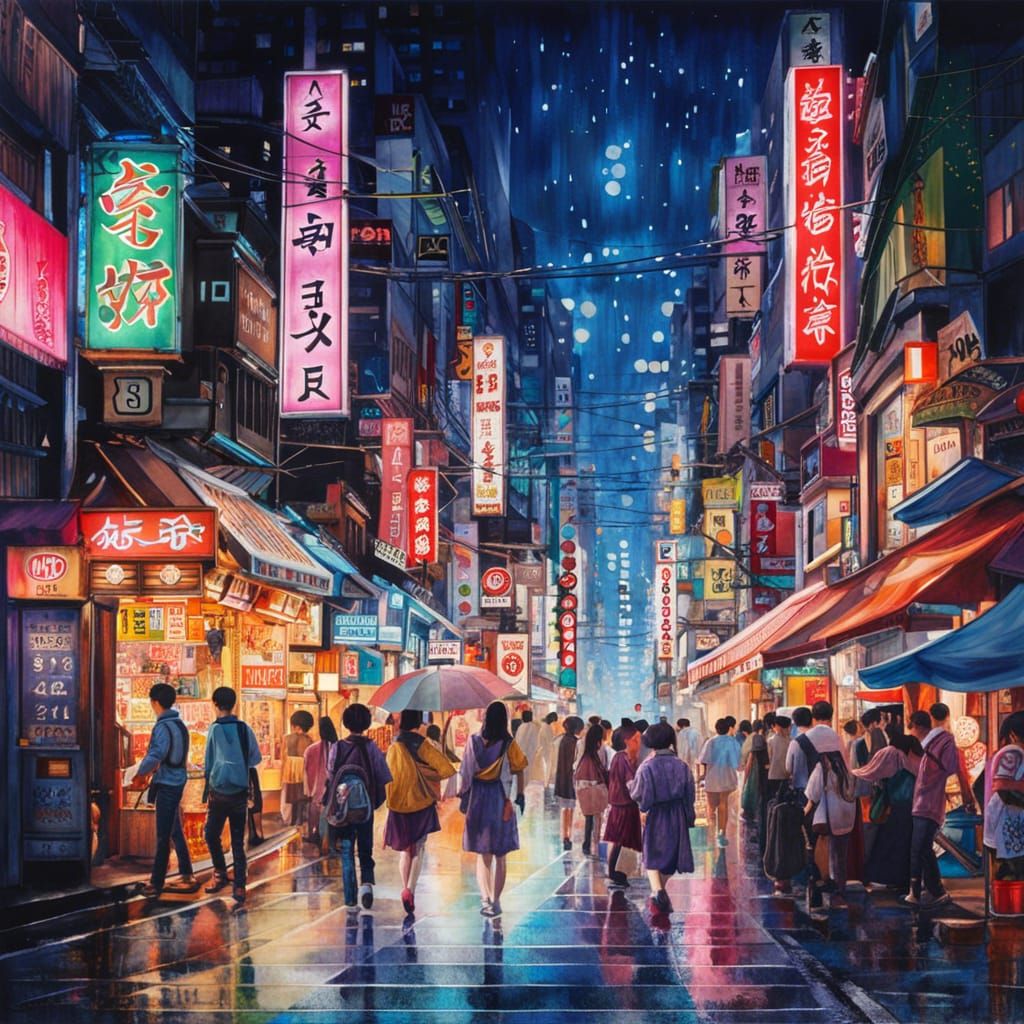 Night in Japan: Harajuku Street Scene in Splash Art
