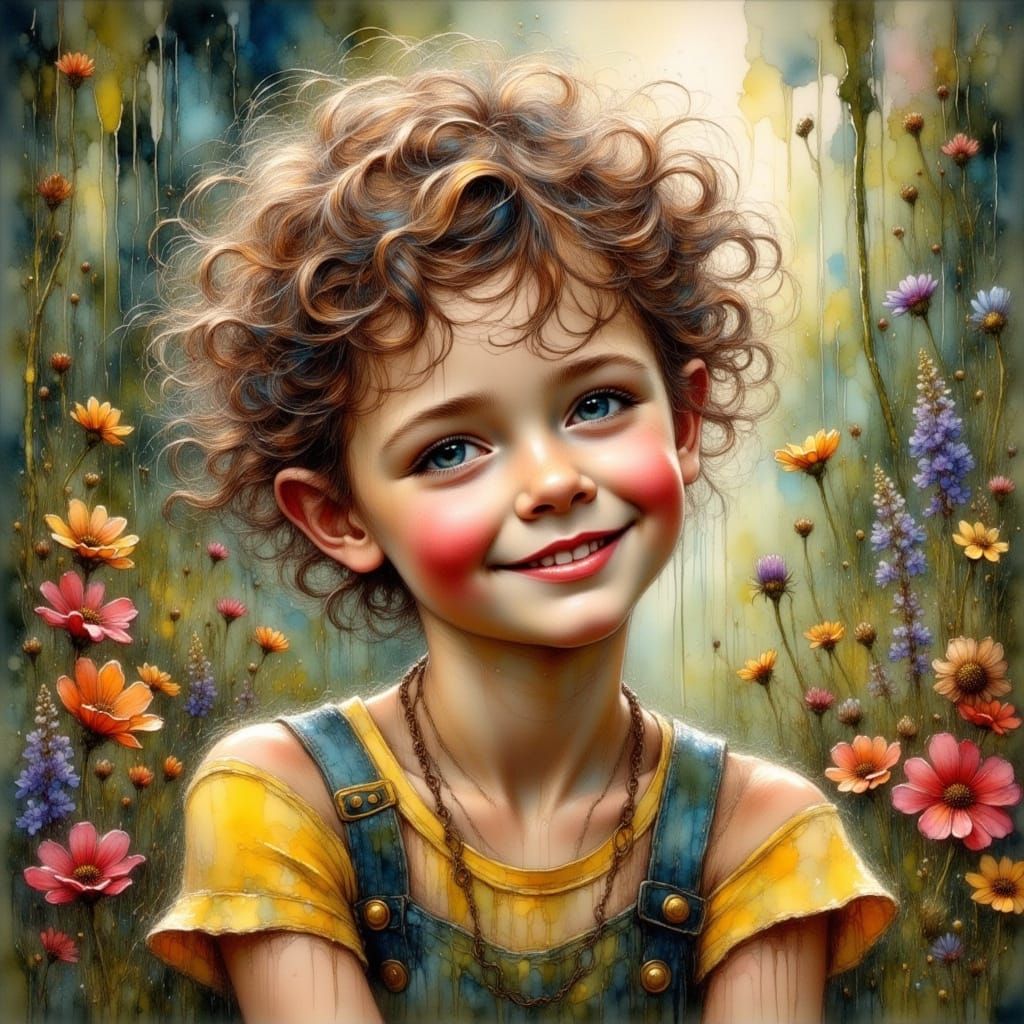 Youthful Joy in a Rainy Garden Scene, in Realistic Oil Paint...