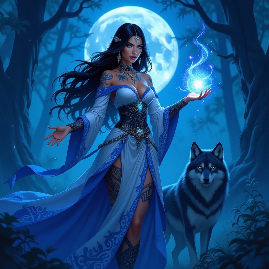 Dominican Sorceress Summons Spectral Wolf: Dark Fantasy Art