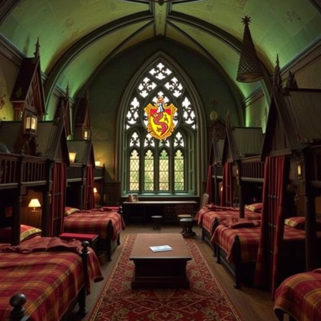 Majestic Gryffindor Dormitory in Whimsical Hogwarts Setting