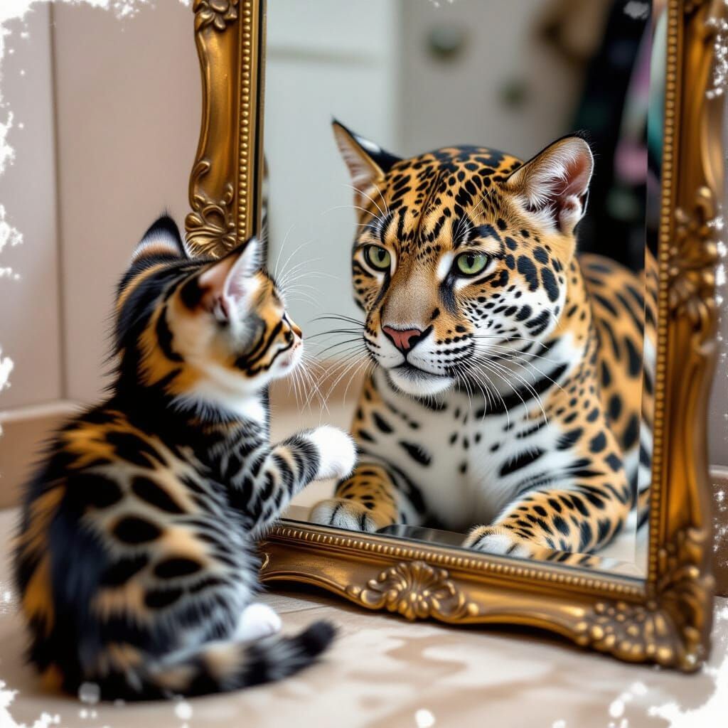 Calico Kitten's Mirror Reflection of Jaguar in Dusty Dressin...