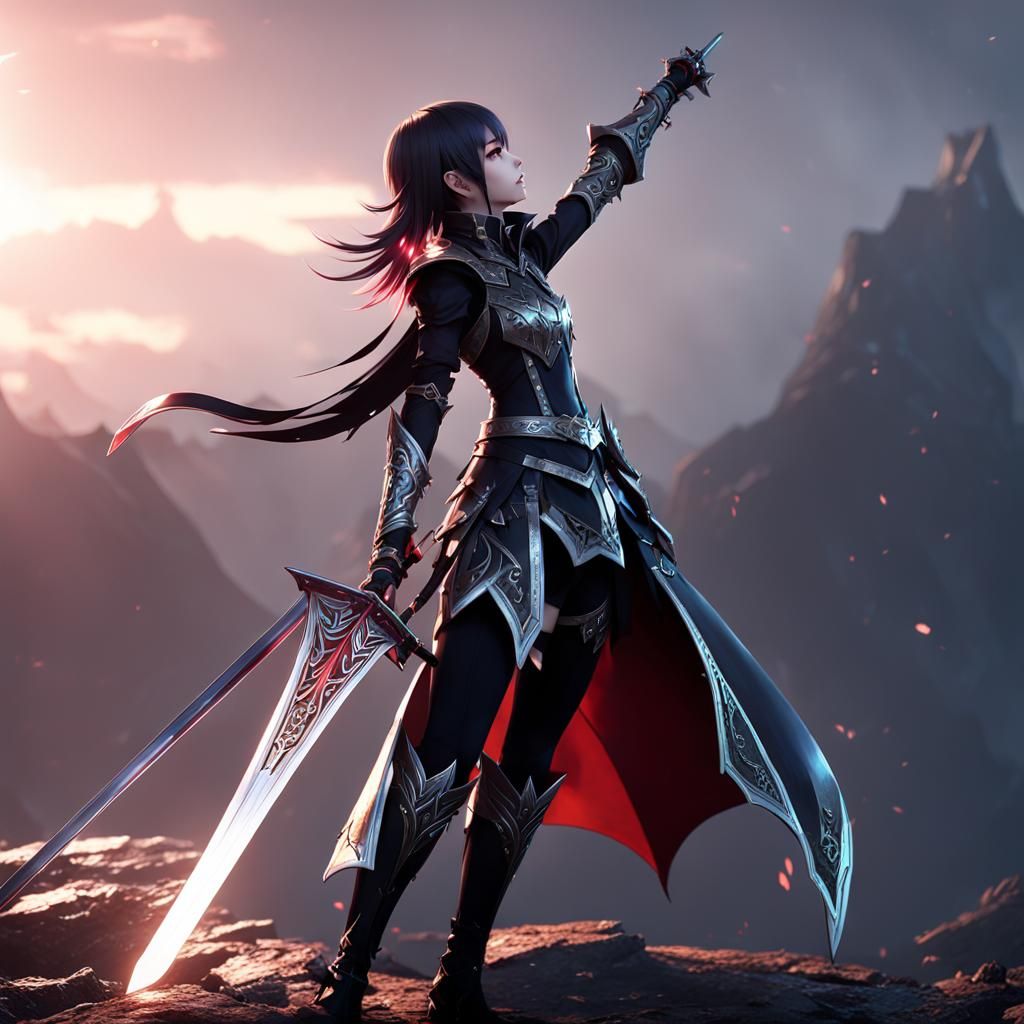 Vampire Girl in Intricate Armor Rises with Sword in Hand