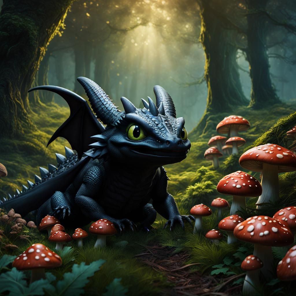 Toothless Dragon Head in Dark Forest, Detailed Matte Paintin...