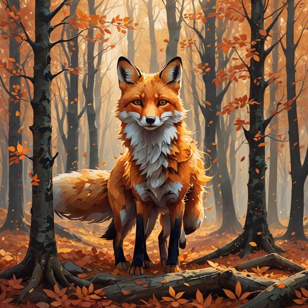 Cute Fox in Autumn Forest Concept Art