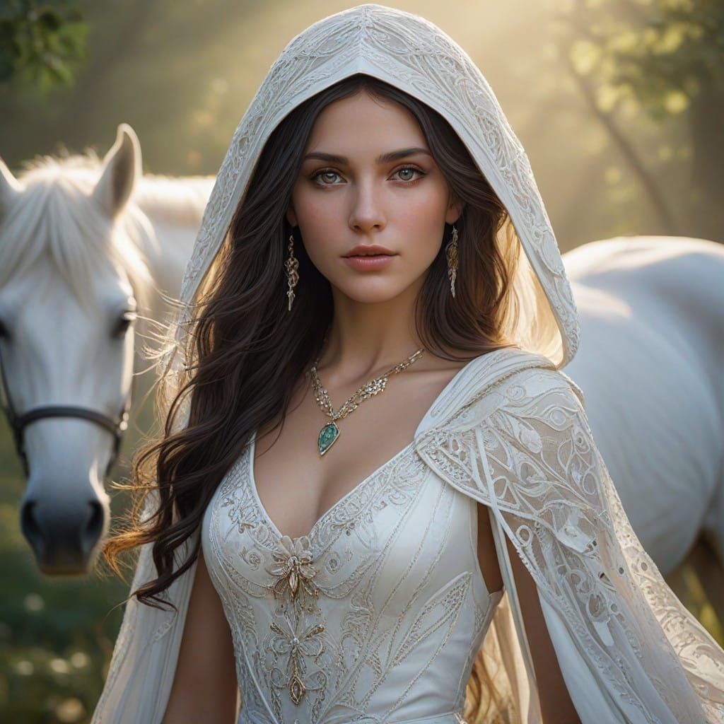 Ethereal Elf Maiden Rides Majestic White Stallion Through Mi...