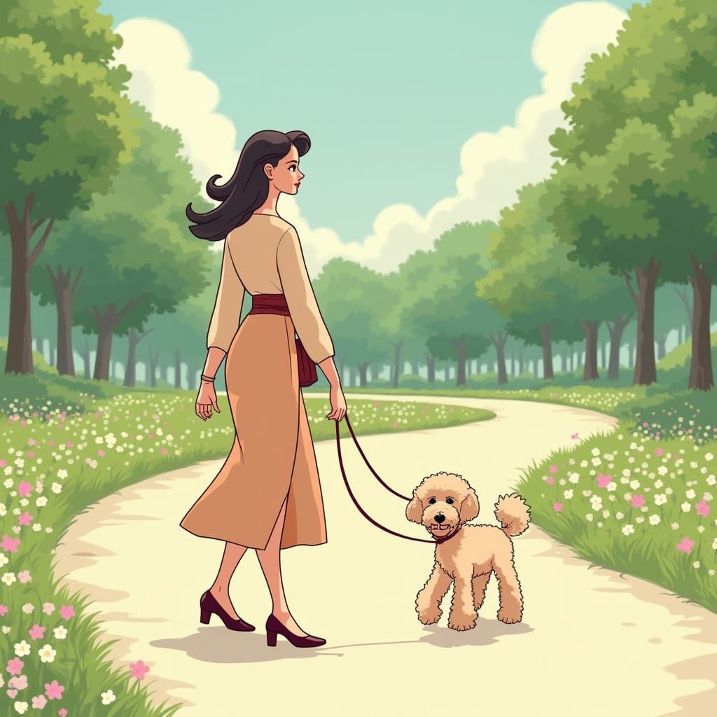 Whimsical Woman Strolls with Spoodle in Serene Park