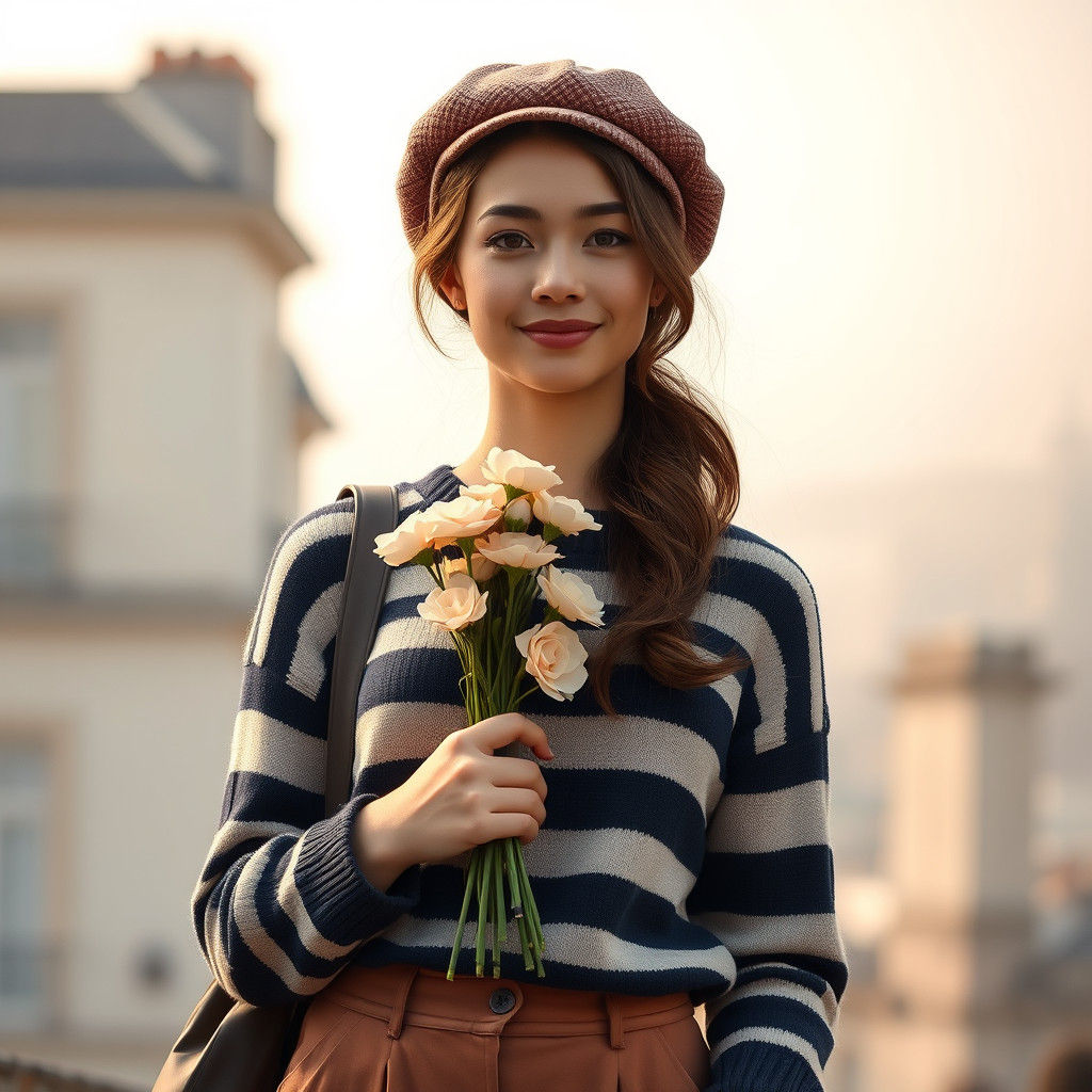 Parisian Charm: Woman in Breton Sweater with Flowers