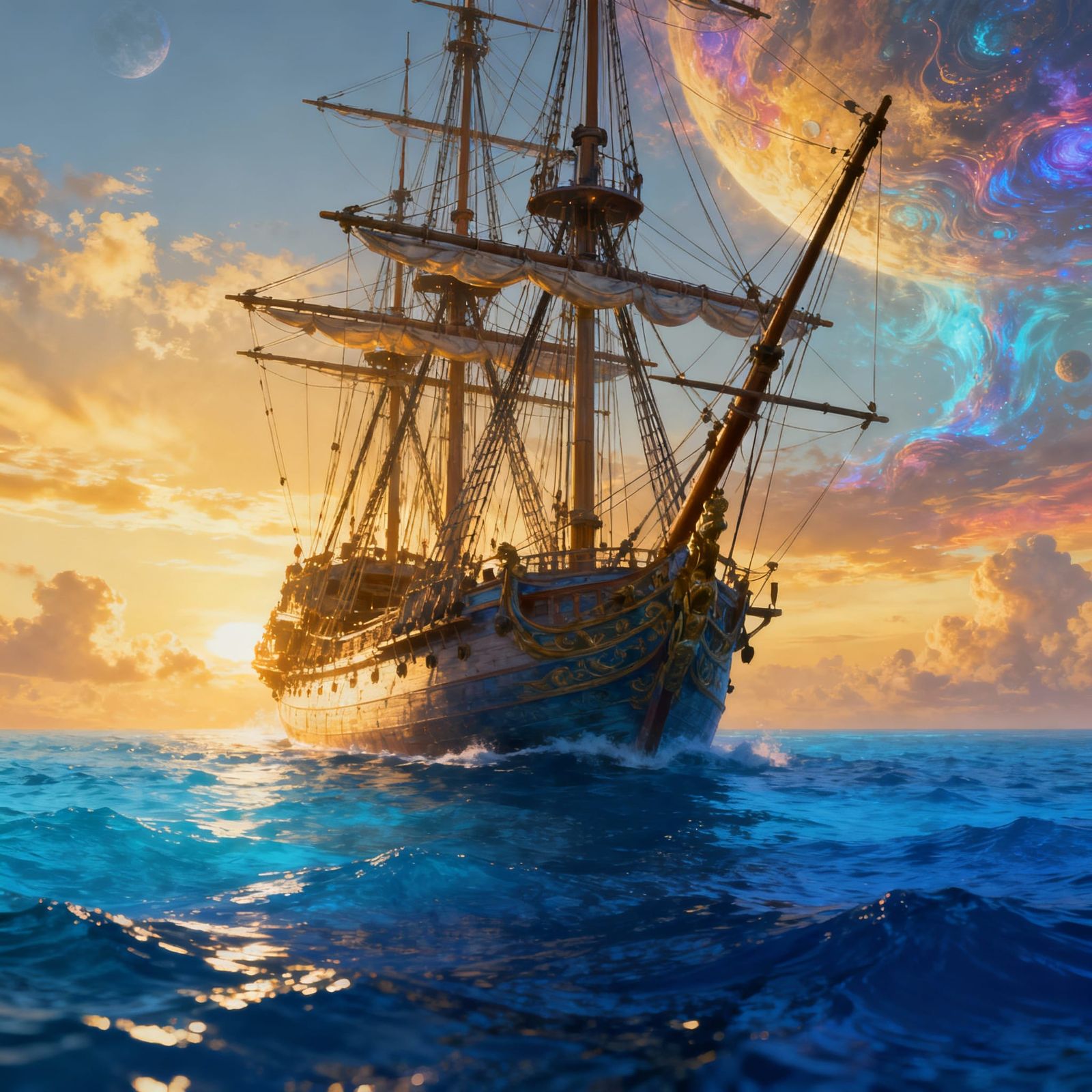 Majestic Sailing Ship on Fantastical Ocean at Golden Hour