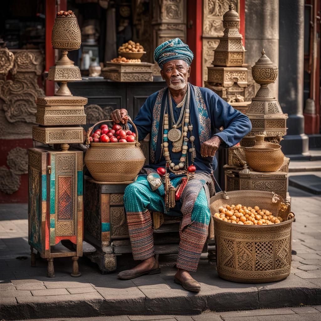 Ornate Street Vendor in Aurorapunk Style