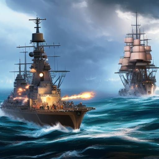 Battleships Clash in Stormy Seas: Medieval Illustration