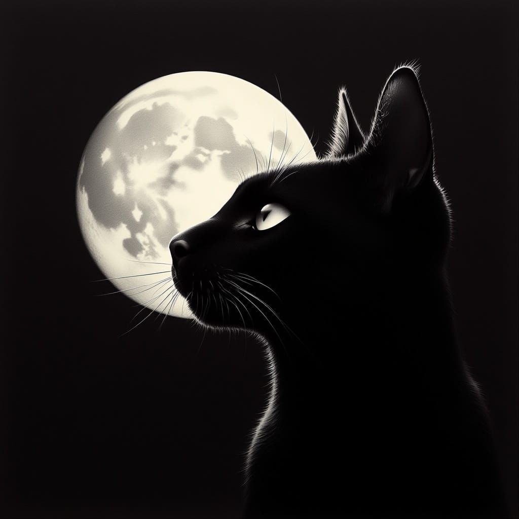 Black Cat Gazing at Moon, Minimalist Charcoal Art