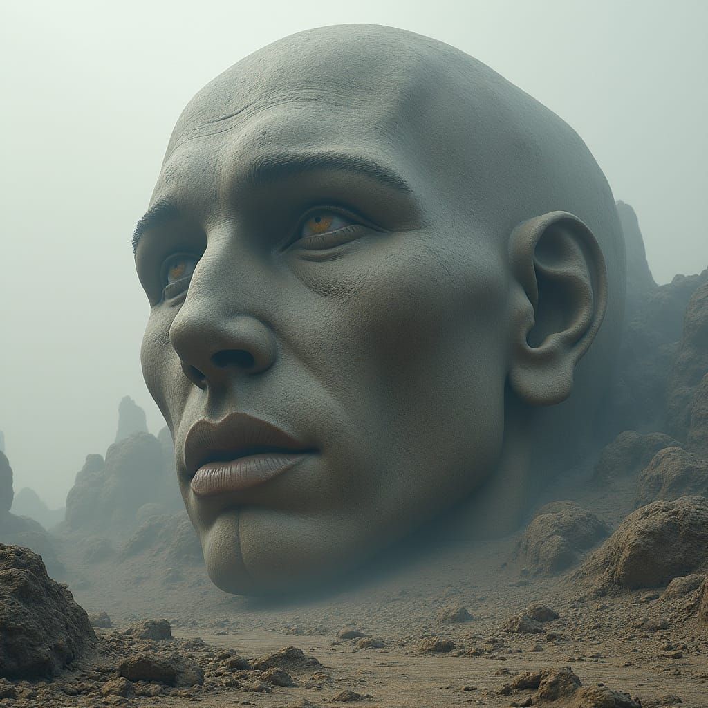 Monumental stone face. Medium shot. A colossal granite head emerges from the earth, its weathered features etched with t...