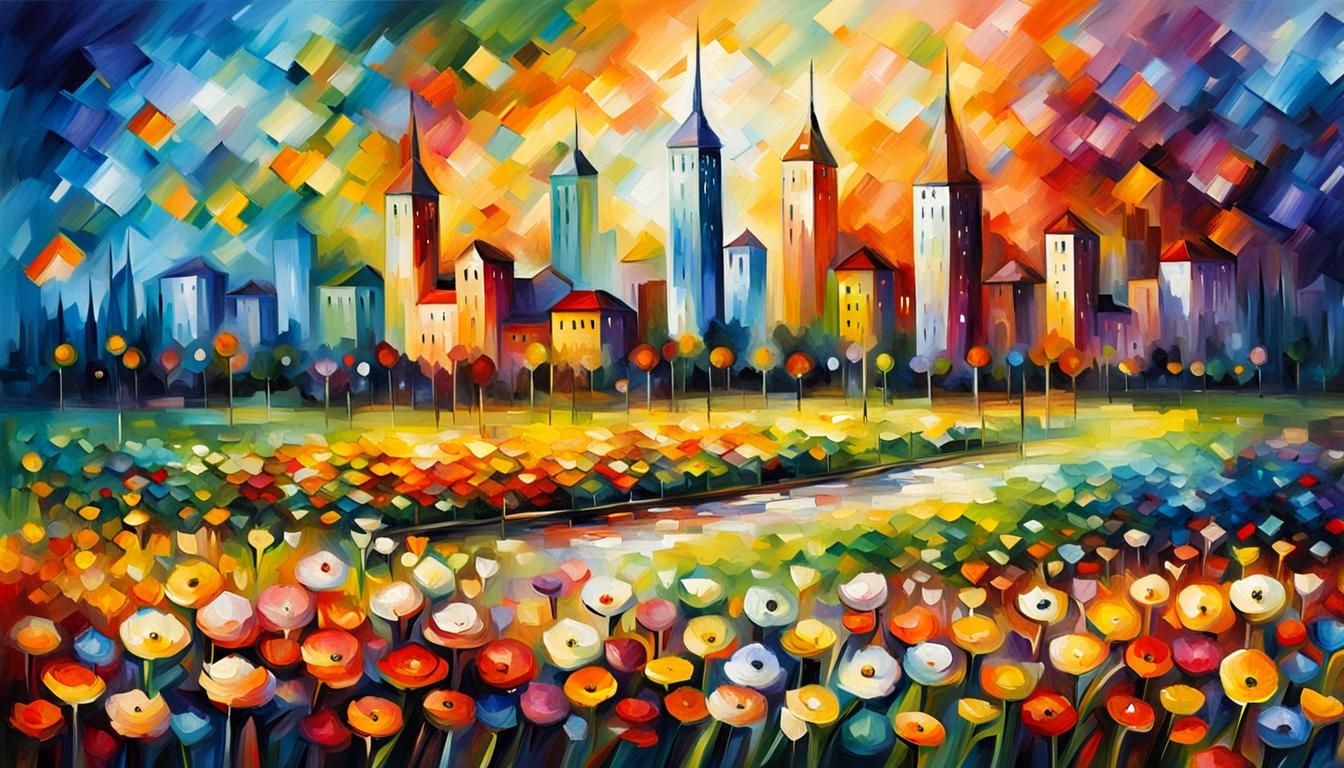 City in a Flower Field, Impressionist Style