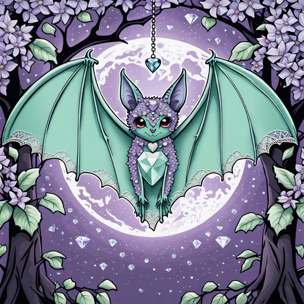Gem-Adorned Mint Bat in Lilac Tree