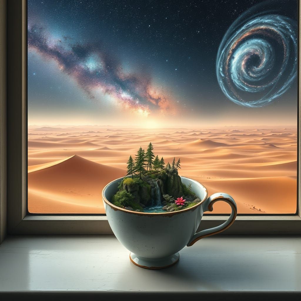 Surreal Desert Landscape with Teacup Ecosystem