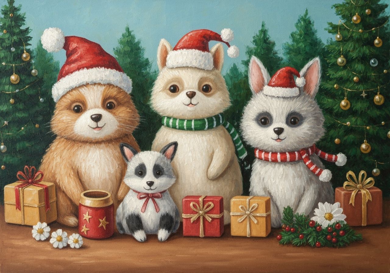 Cute Animals Celebrate Christmas in Oil Painting Style