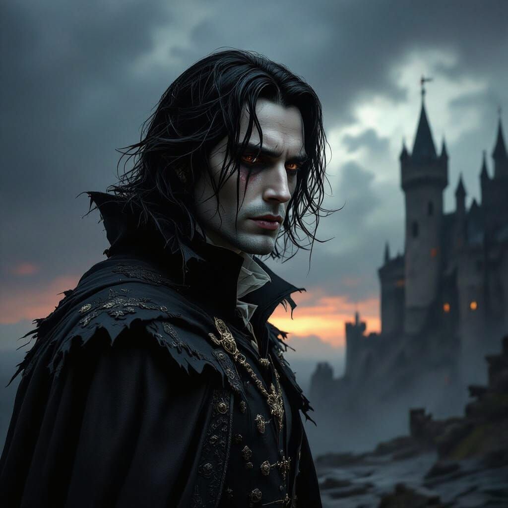 Vampire Prince in Tattered Royal Garb on Gothic Castle