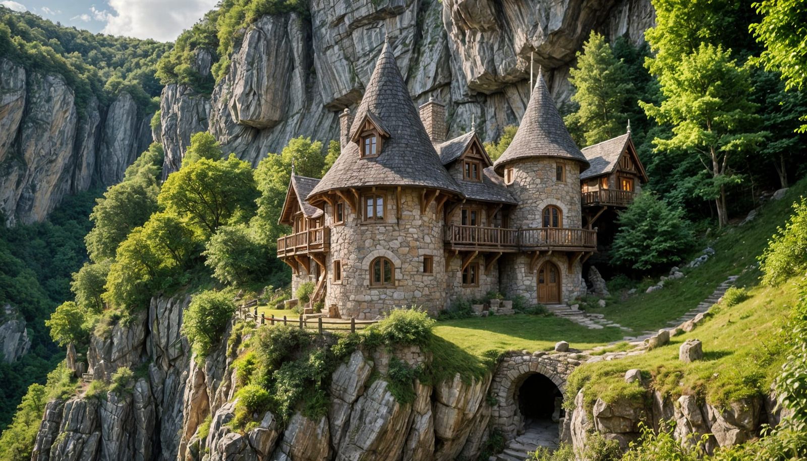 Whimsical Cliffside Elven Cottage in a Wooded Gorge