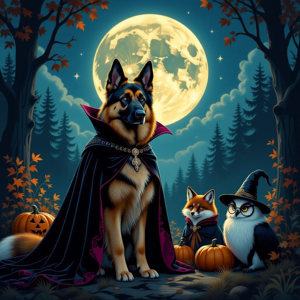 German Shepherd Vampire Under Full Moon With Forest Animals