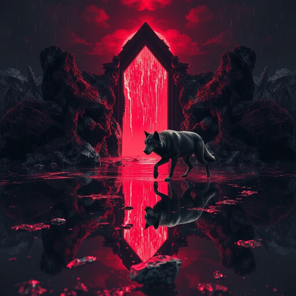 Wolves Running Through Dark Portal in Goth Cinema Style