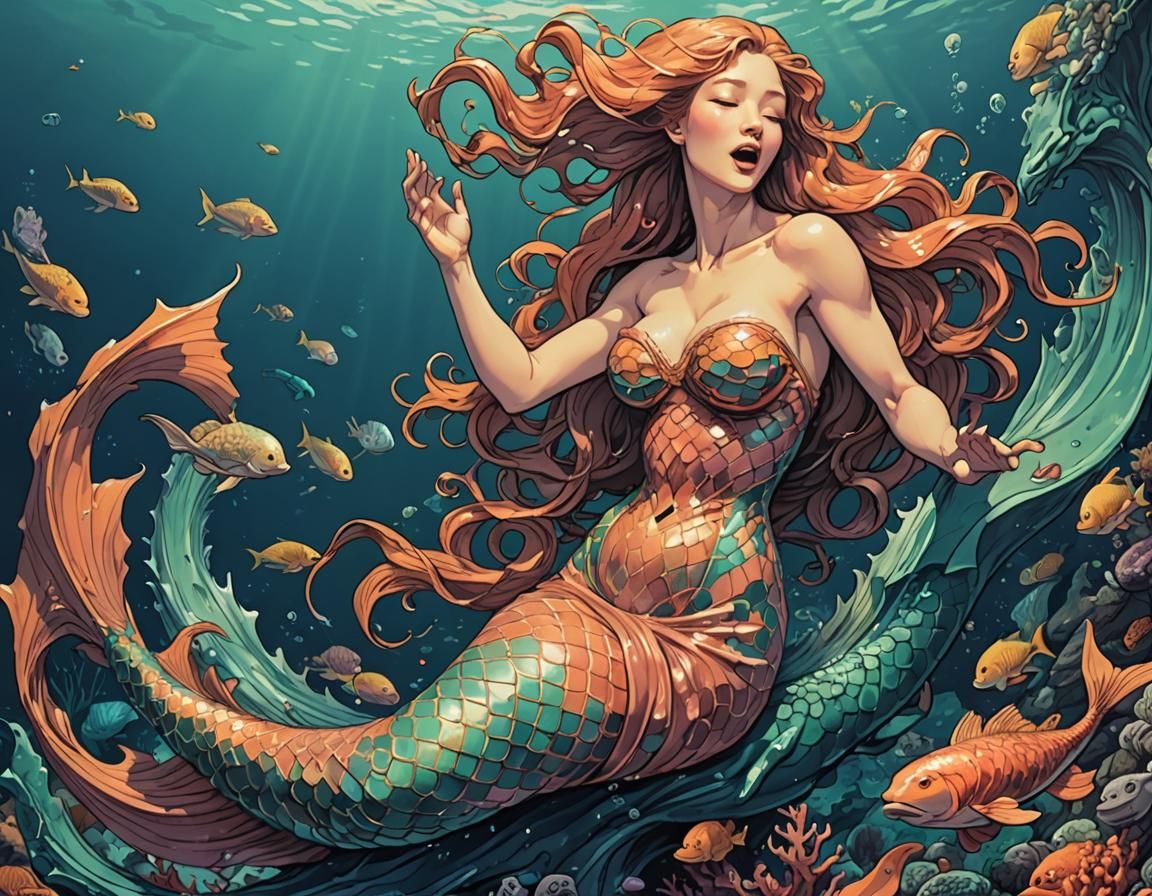 Yawning Mermaid: Deep Sea Line Art