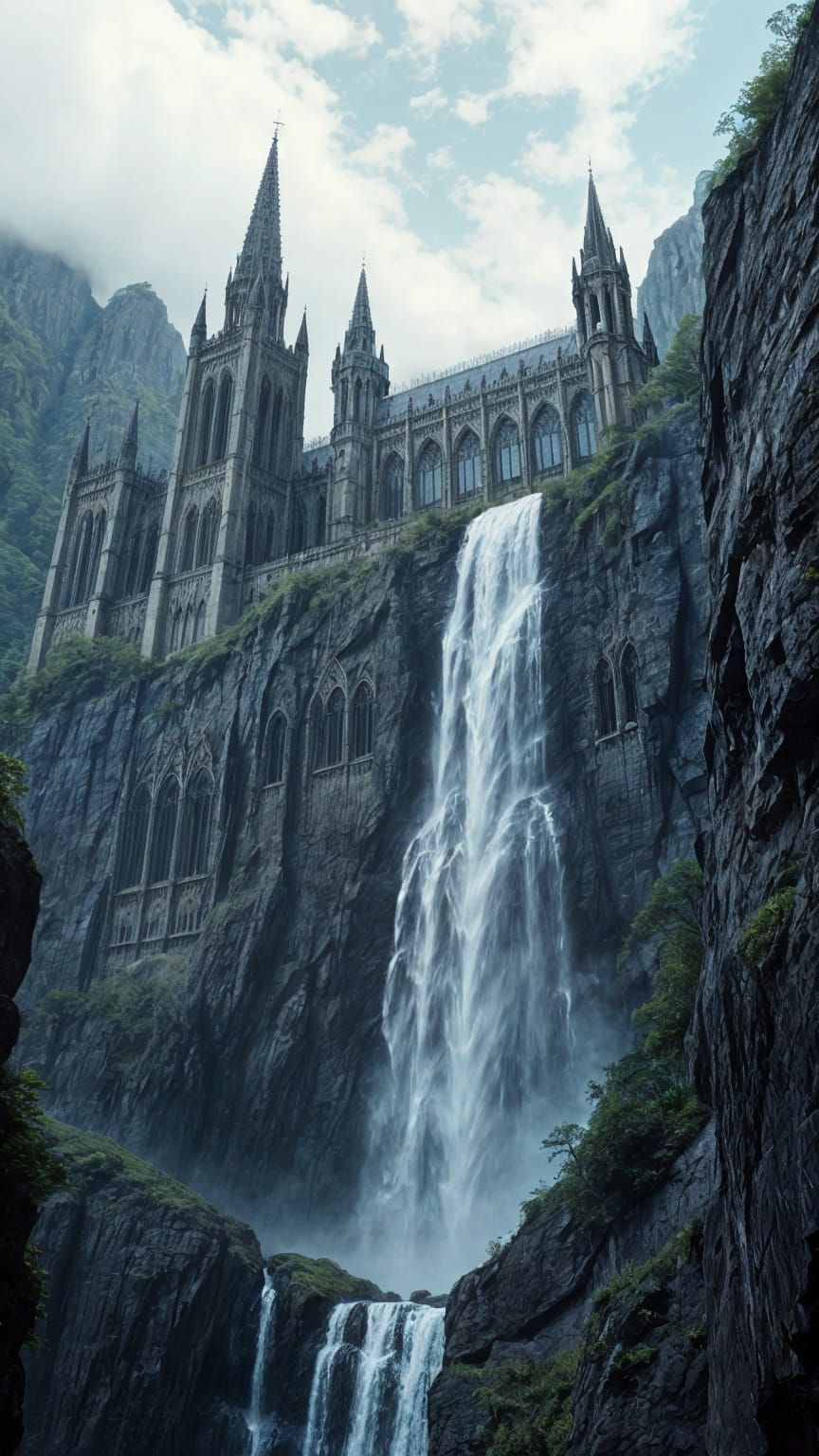 Gothic Cathedral Built into Cliff with Waterfall