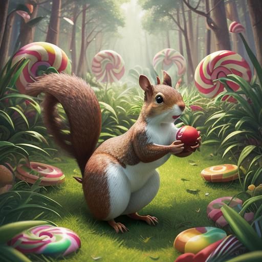A cartoon-style squirrel holding a shiny acorn, featuring a ...