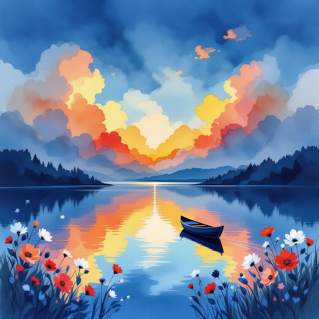 Fiery Geometric Clouds Reflected Over Calm Lake