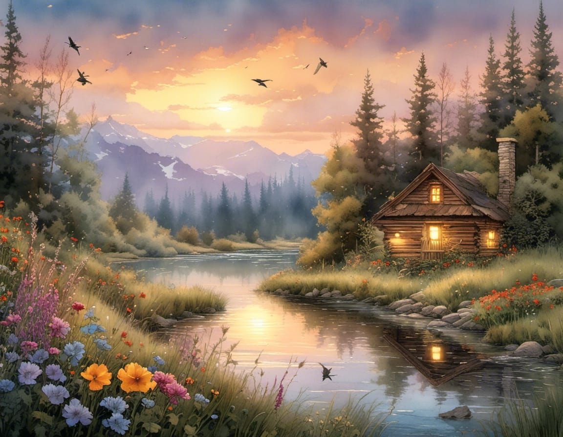 Watercolor River Cabin at Sunset with Birds