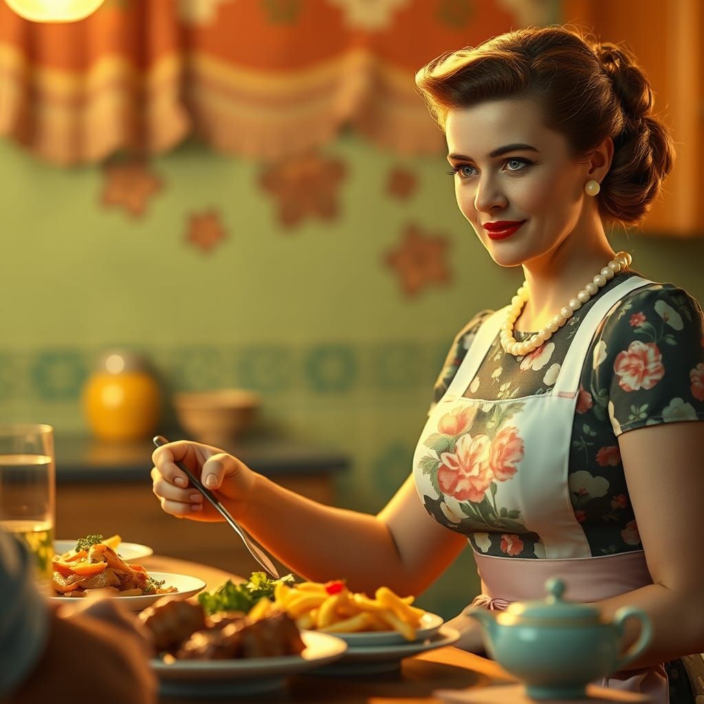 Nostalgic 1950s Homemaker Serving Dinner as Hyperrealistic A...
