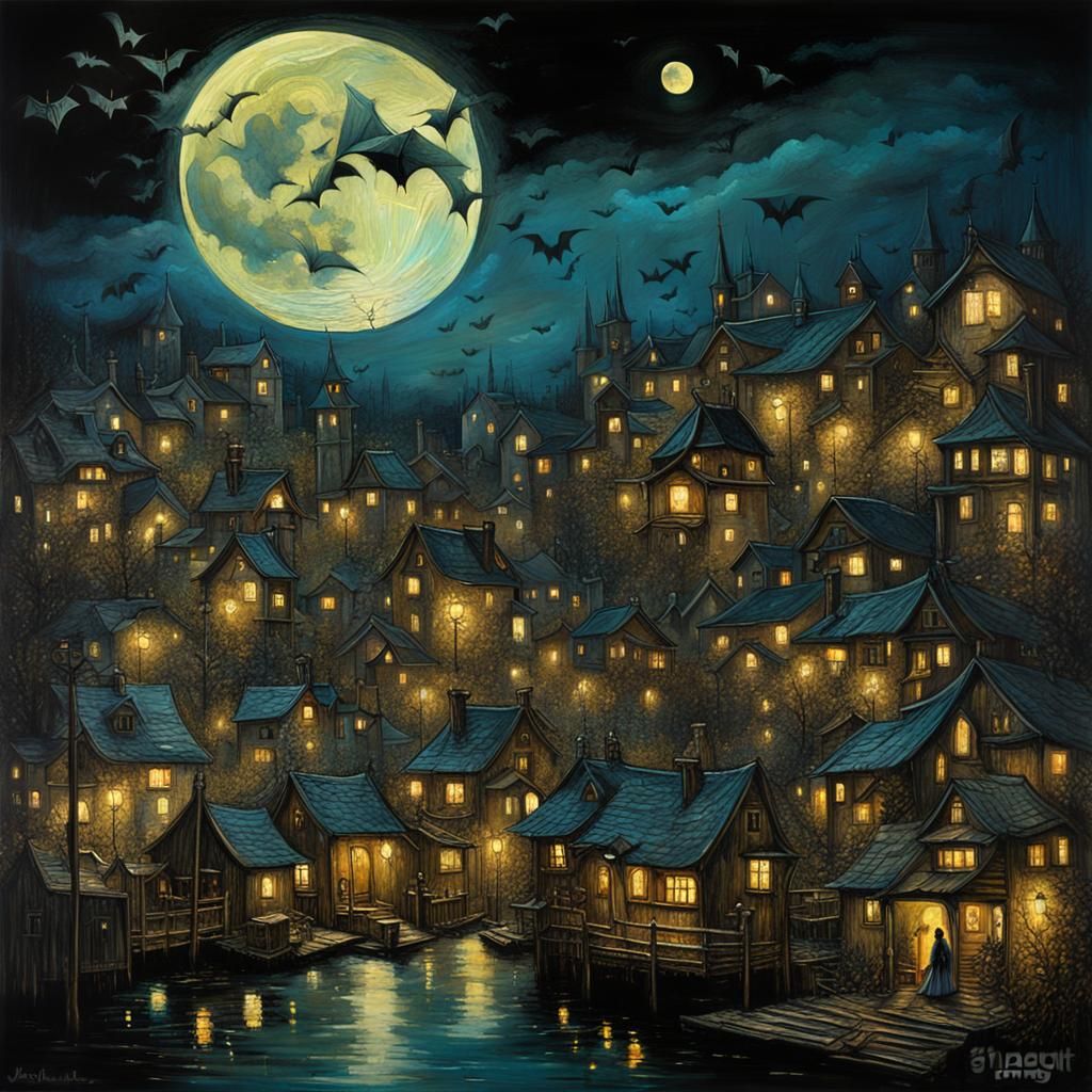 Surreal Fantasy Village Under Full Moon