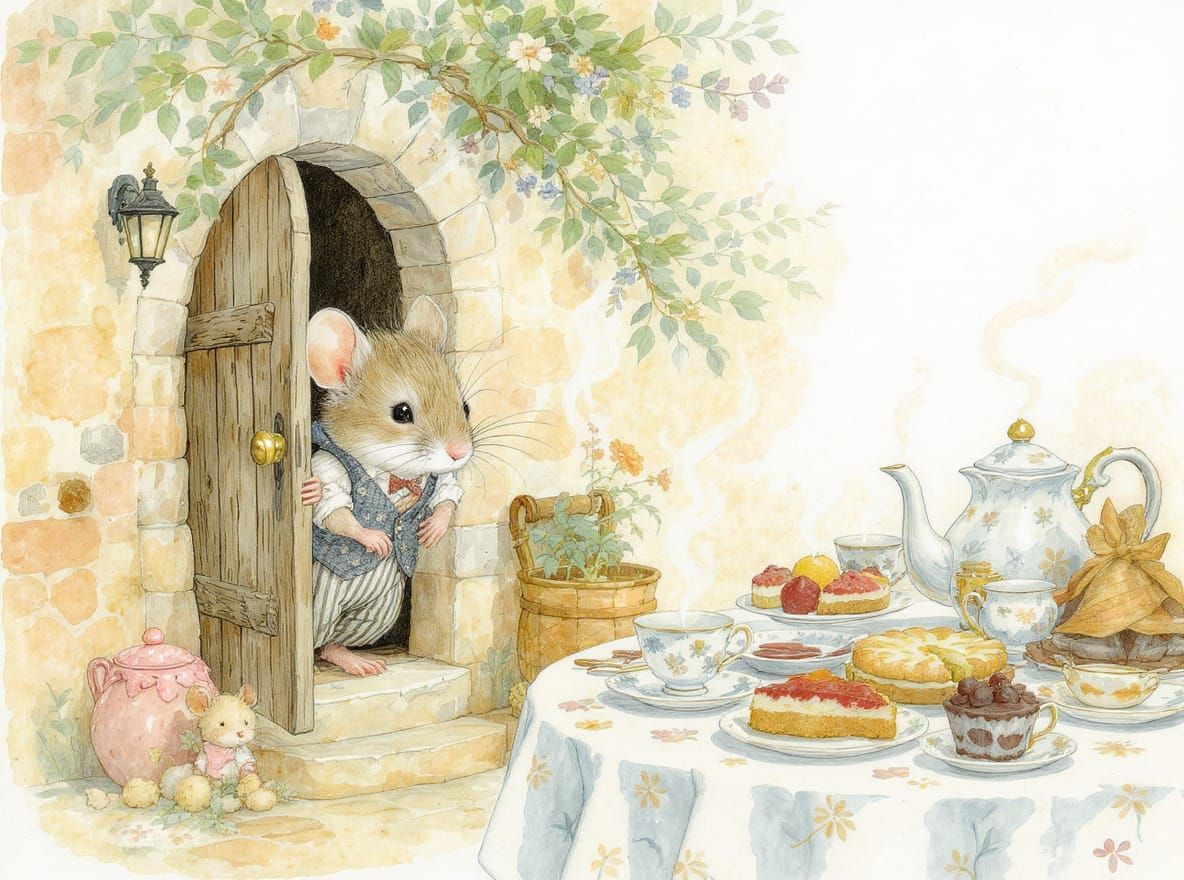 A shy little mouse peeks out of his door, a table with various foods and sweets, images like from a Beatrix Potter fairy...