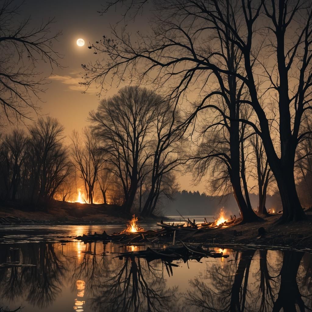Bonfire by River Under Moon: Atmospheric Landscape Photo