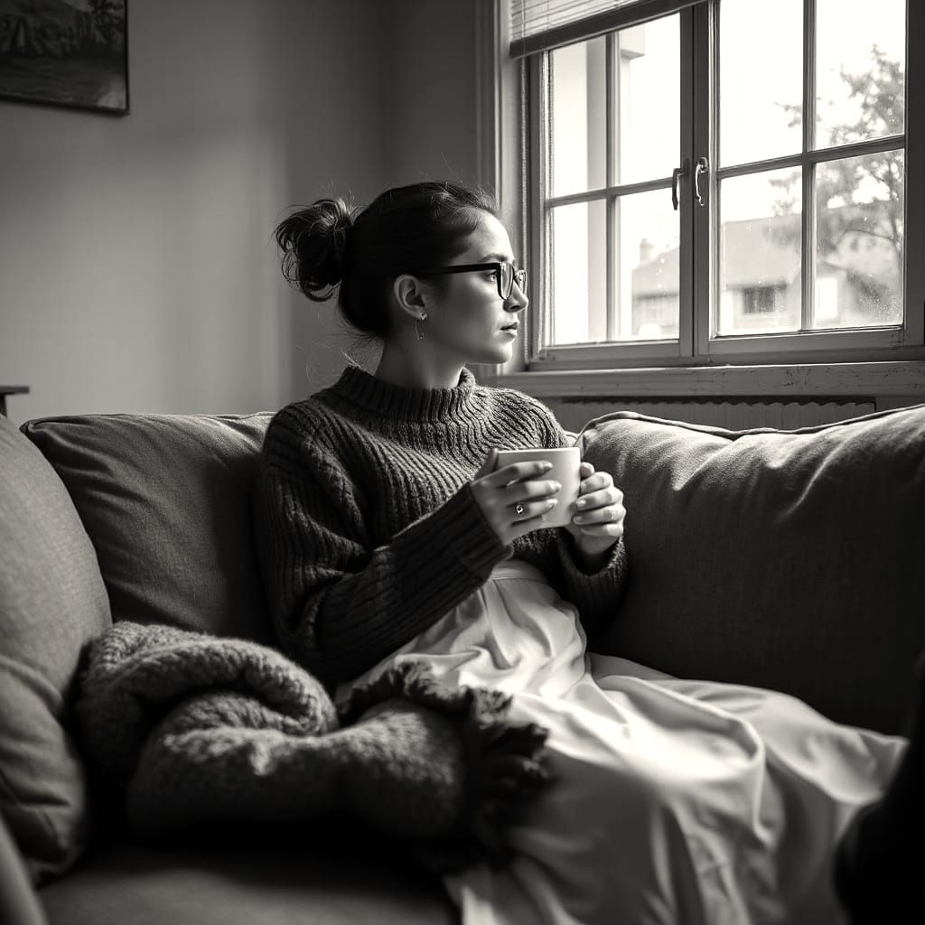 Solemn Woman in Cozy Cottage Lounge