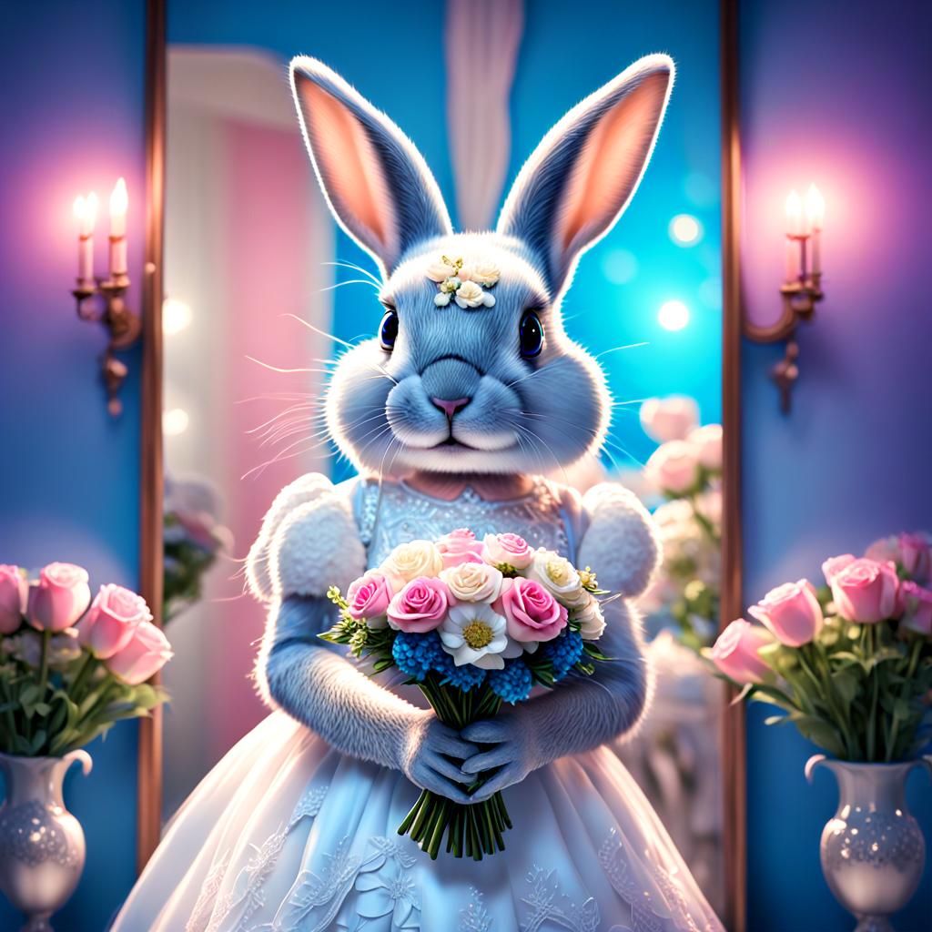 Bunny Bride in Mirror: Photorealistic Synthwave Wedding