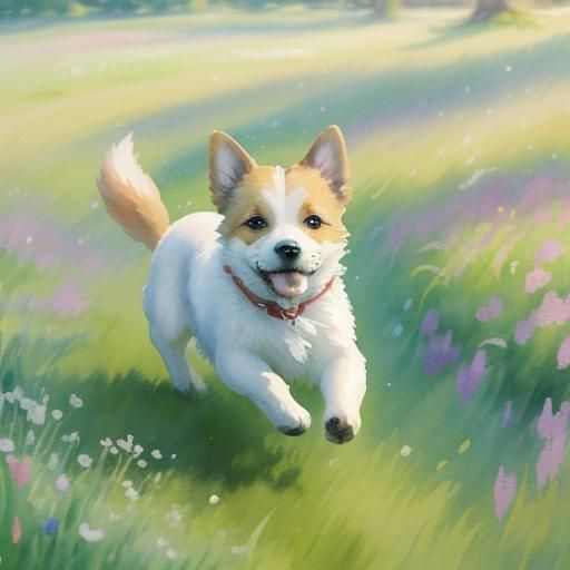 Impressionist Watercolor of Dog Running in Meadow