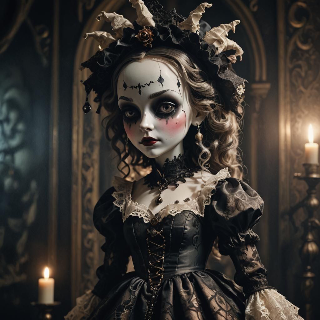 Eerie Gothic Jester Doll in Pop Surrealism Style
