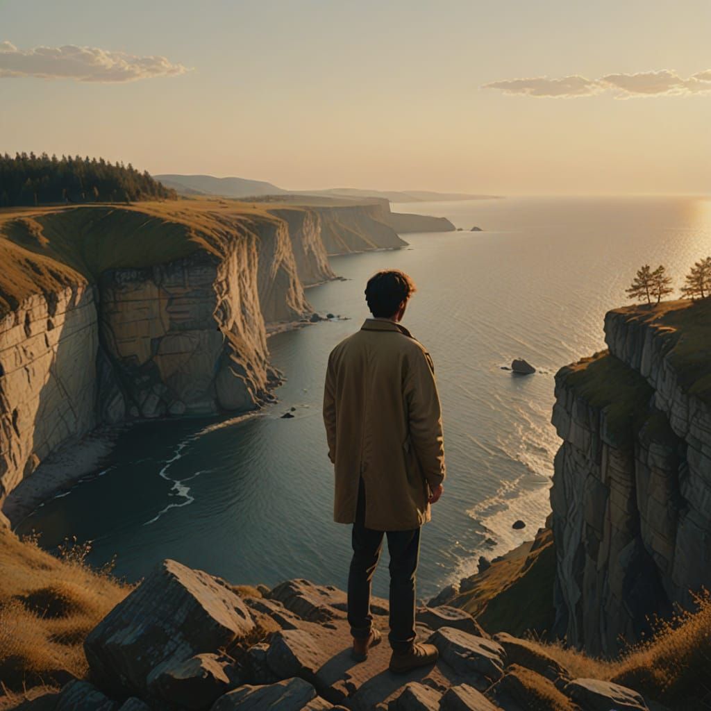 Golden Light on Cliffside Figure in Oil Painting Style