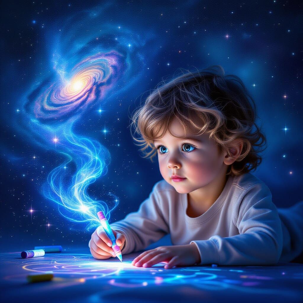 Child Draws Constellations in Cosmic Surrealism Style