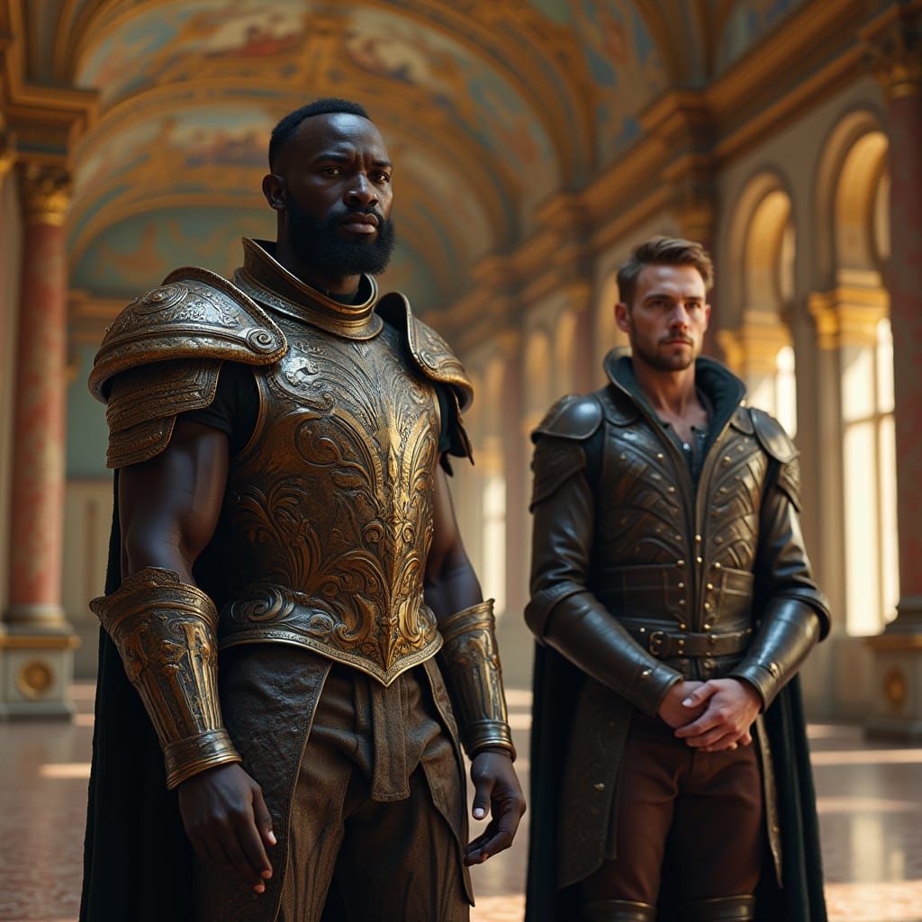 Men in Ornate Armor in a Baroque Hall