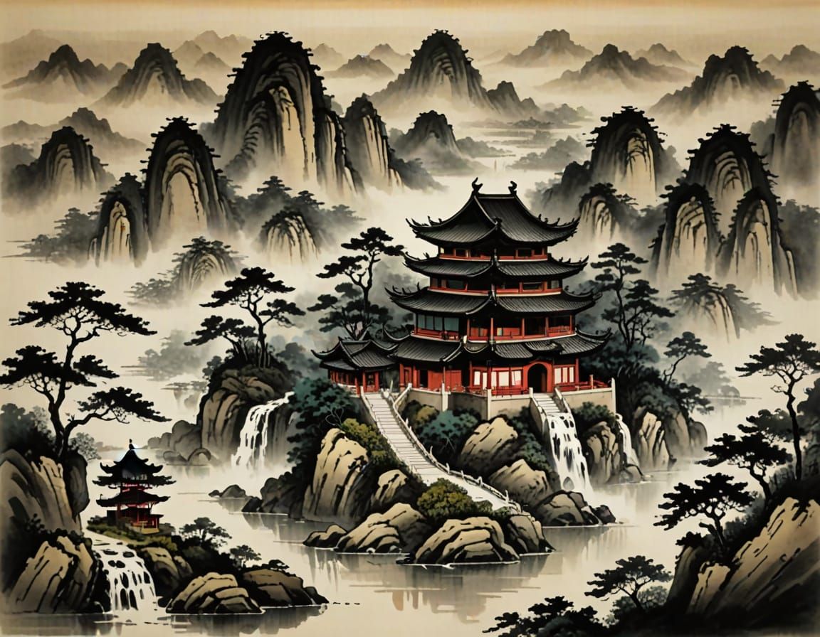 Asian Temple Landscape in Chinese Ink Style
