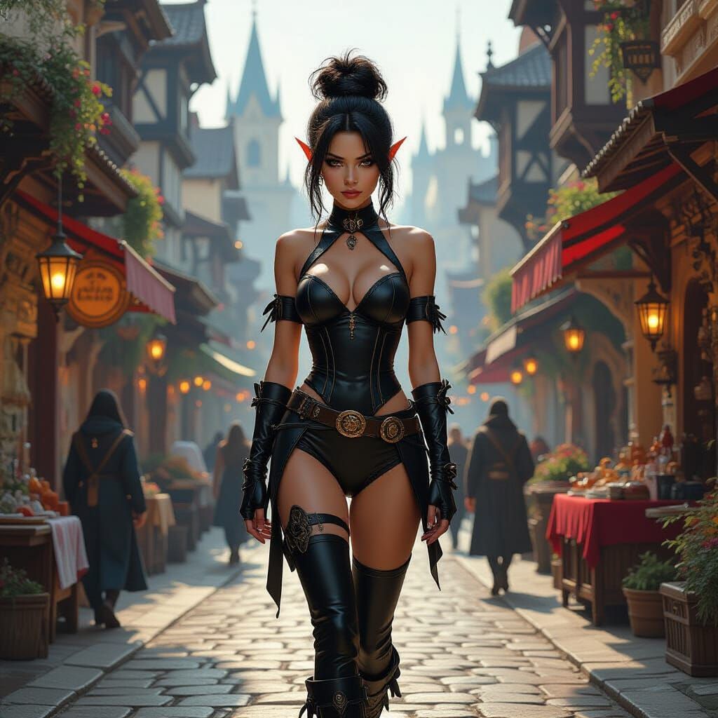 Elven Woman Strolling Gothic Fantasy Town as Oil Painting
