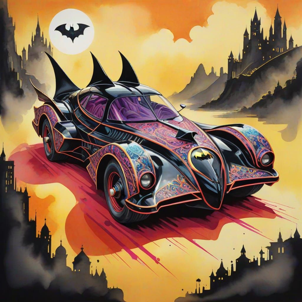 Batmobile in Elaborate Gown: Detailed Ink Painting