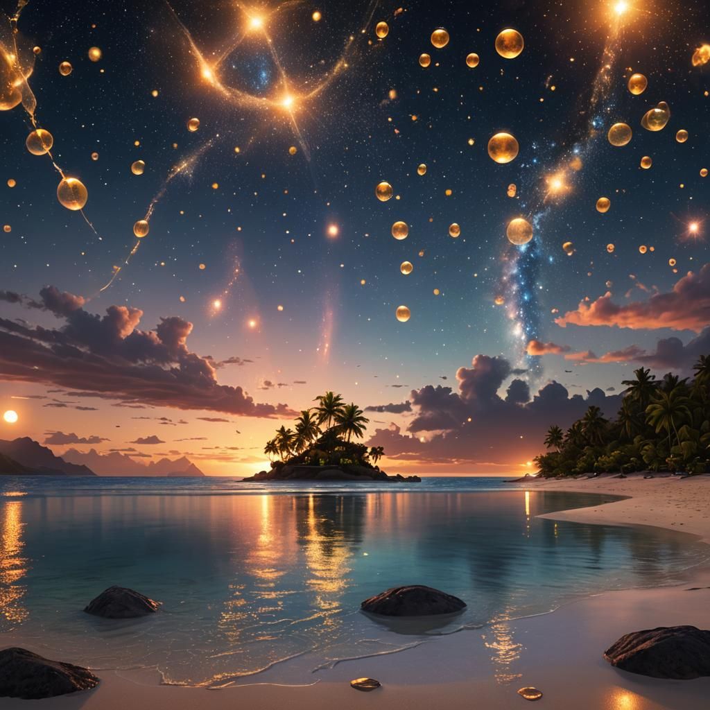 Cosmic Sunset at Temae Beach with Reflection Bubbles