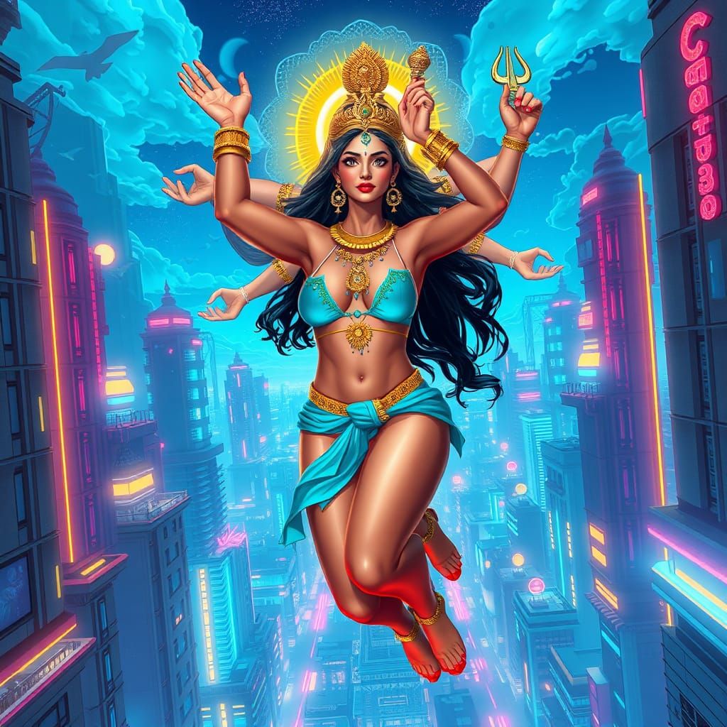 Sci-Fi Vishnu and Woman Descend Over Sky Town